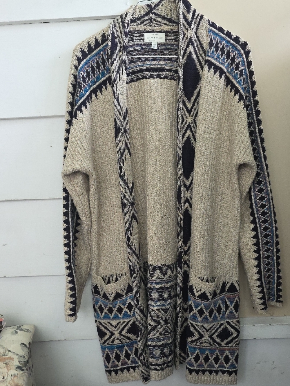 Lucky Brand Cream Cardigan with Navy and Blue Aztec Trim
